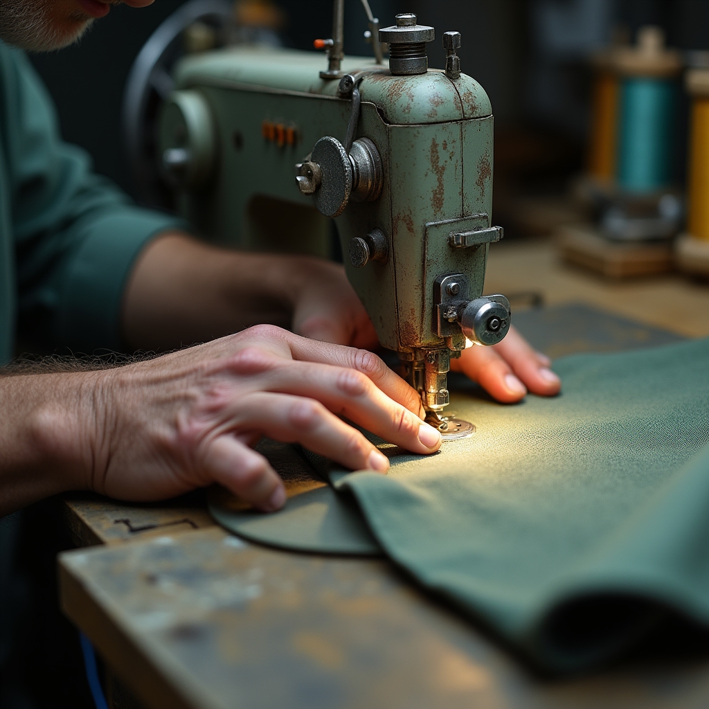 Dettaglio di riparazione di una cucitura su tessuto per esterni