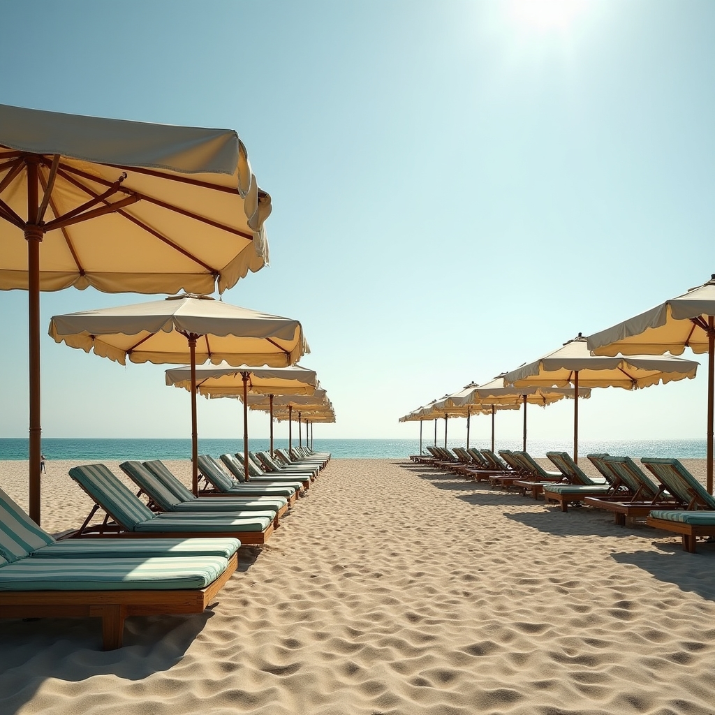 Fila di ombrelloni e tende in uno stabilimento balneare a Rimini